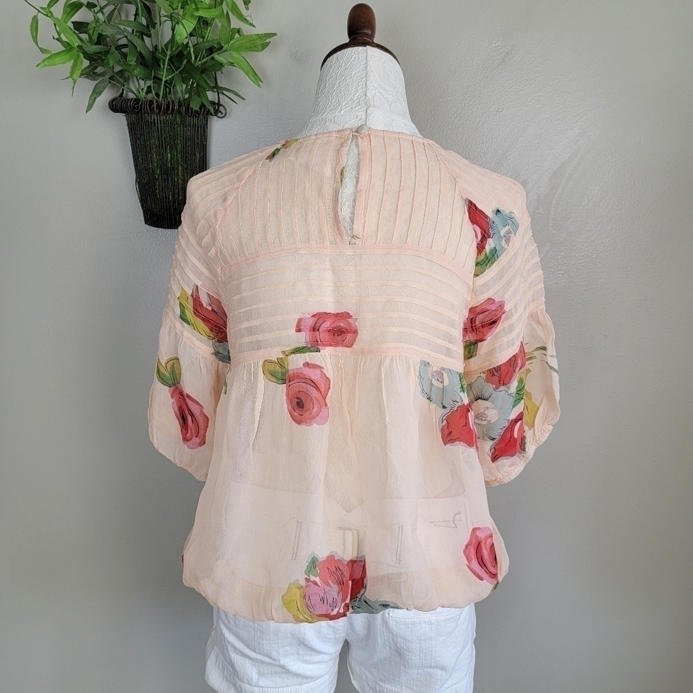 Anthropologie Boho Top One Fine Day Tea Rose Floral Sheer Pleated Pin Tucked S - Picture 10 of 16